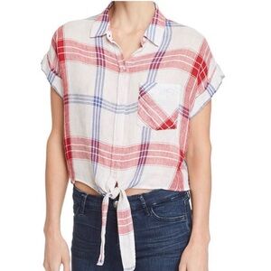 Rails Amelie Tie-Front Plaid Shirt Carmine Blue White Linen Blend